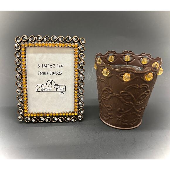Victorian Gothic Style Ornate Cast Metal Photo Frame & Votive Candle Holder Set - Picture 1 of 5